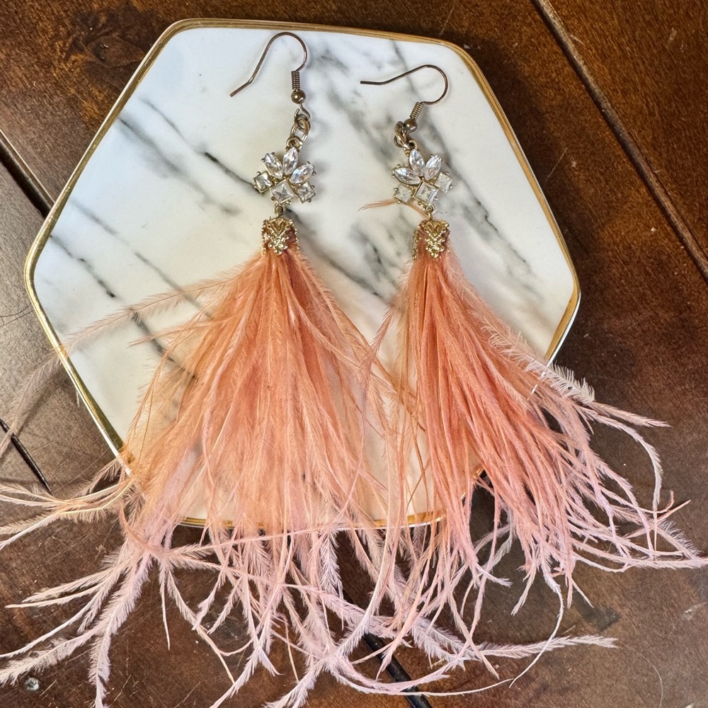Blush Pink Ostrich Feather Rhinestone Tassel Statement Earrings Boho Coquette